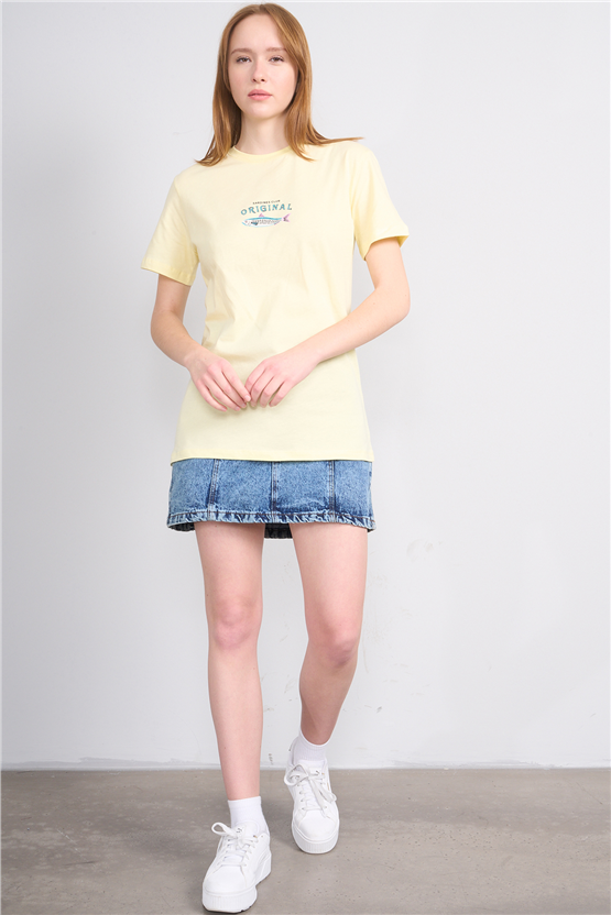 Çetinkaya Fithit 8914 Bayan Bisiklet Yaka Oversize Baskılı T-shirt Uçuk Sarı