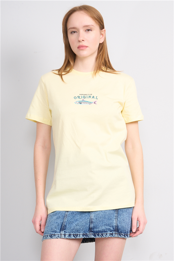 Çetinkaya Fithit 8914 Bayan Bisiklet Yaka Oversize Baskılı T-shirt Uçuk Sarı