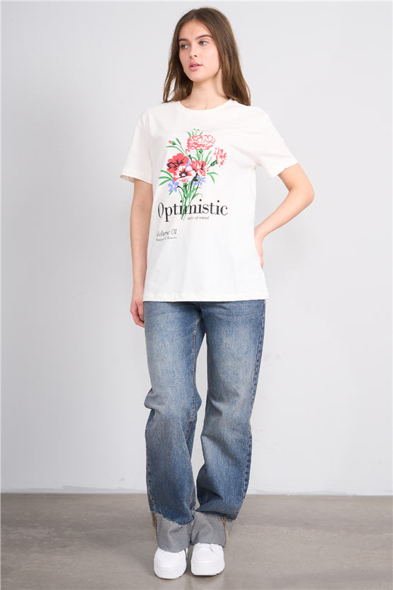 C.K Y26 8926 Fithit Byn B.Yk Regular Baskılı T-shirt Krem