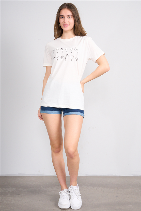 C.K Y26 8938 Fithit Byn B.Yk Regular Baskılı T-shirt Krem