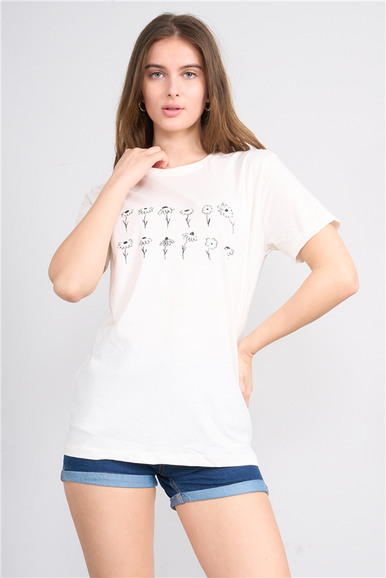 C.K Y26 8938 Fithit Byn B.Yk Regular Baskılı T-shirt Krem