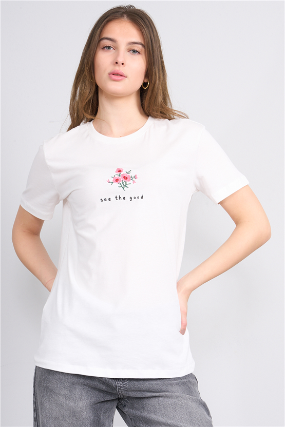 C.K Y26 8950 Fithit Byn B.Yk Regular Nakışlı T-shirt Krem