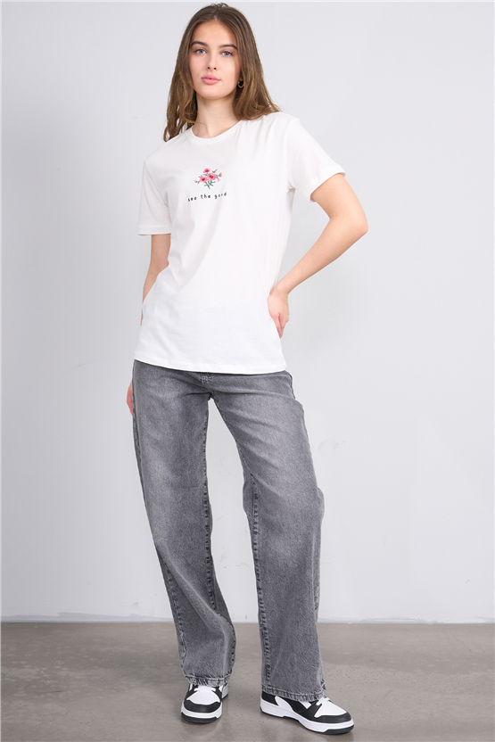 C.K Y26 8950 Fithit Byn B.Yk Regular Nakışlı T-shirt Krem