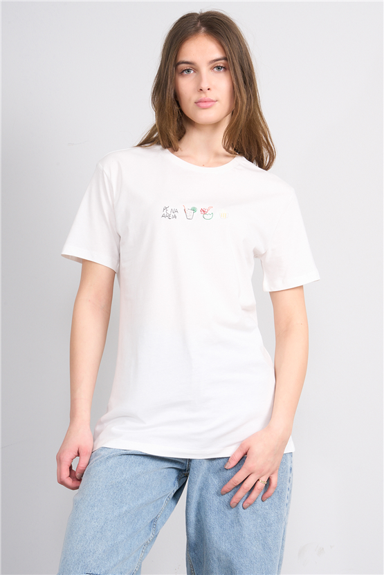 C.K Y26 8951 Fithit Byn B.Yk Regular Nakışlı T-shirt Krem