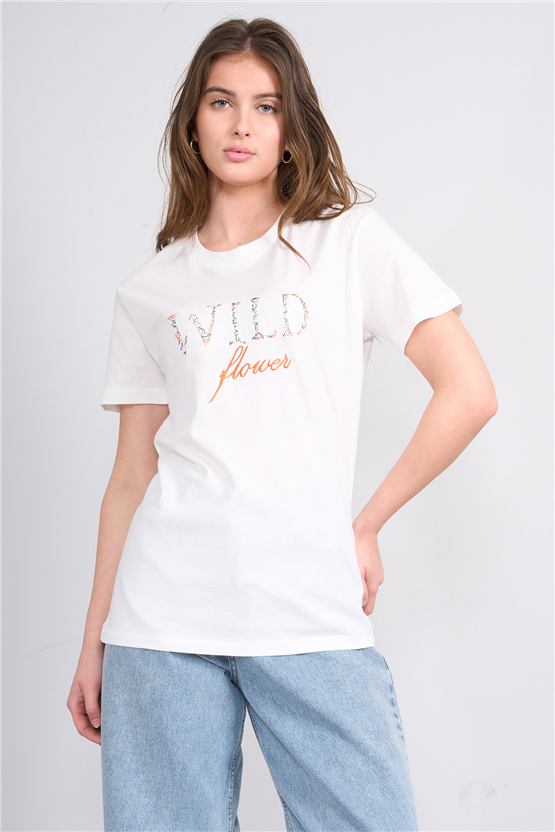 C.K Y26 8953 Fithit Kadın Bisiklet Yaka Regular Baskılı T-shirt Krem