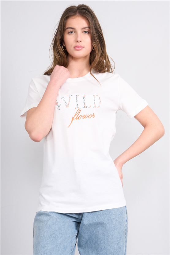 C.K Y26 8953 Fithit Kadın Bisiklet Yaka Regular Baskılı T-shirt Krem