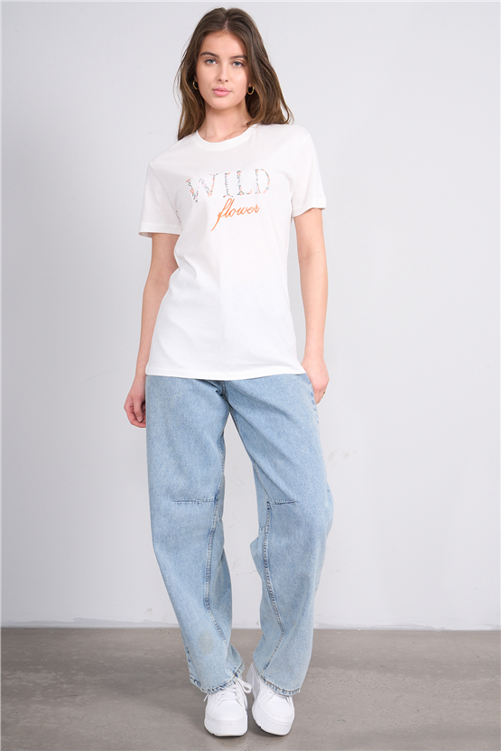 C.K Y26 8953 Fithit Kadın Bisiklet Yaka Regular Baskılı T-shirt Krem