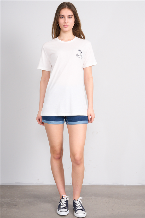 C.K Y26 8958 Fithit Kadın Bisiklet Yaka Regular Nakışlı T-shirt Krem