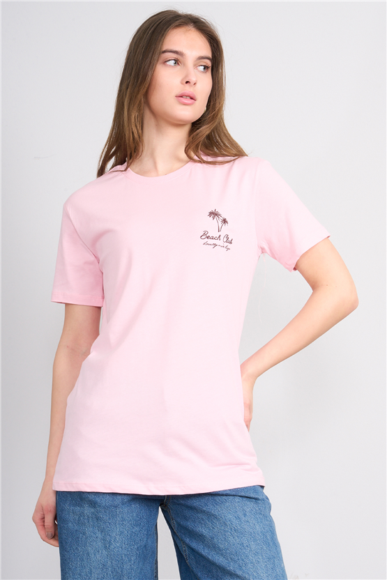C.K Y26 8958 Fithit Kadın Bisiklet Yaka Regular Nakışlı T-shirt Açık Pembe