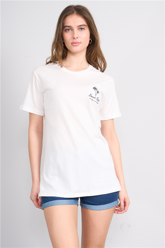 C.K Y26 8958 Fithit Kadın Bisiklet Yaka Regular Nakışlı T-shirt Krem