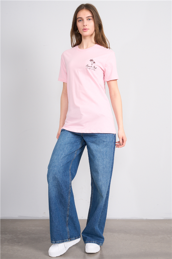 C.K Y26 8958 Fithit Kadın Bisiklet Yaka Regular Nakışlı T-shirt Açık Pembe