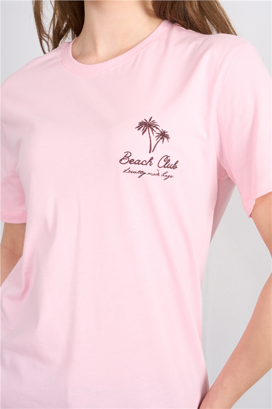 C.K Y26 8958 Fithit Kadın Bisiklet Yaka Regular Nakışlı T-shirt Açık Pembe