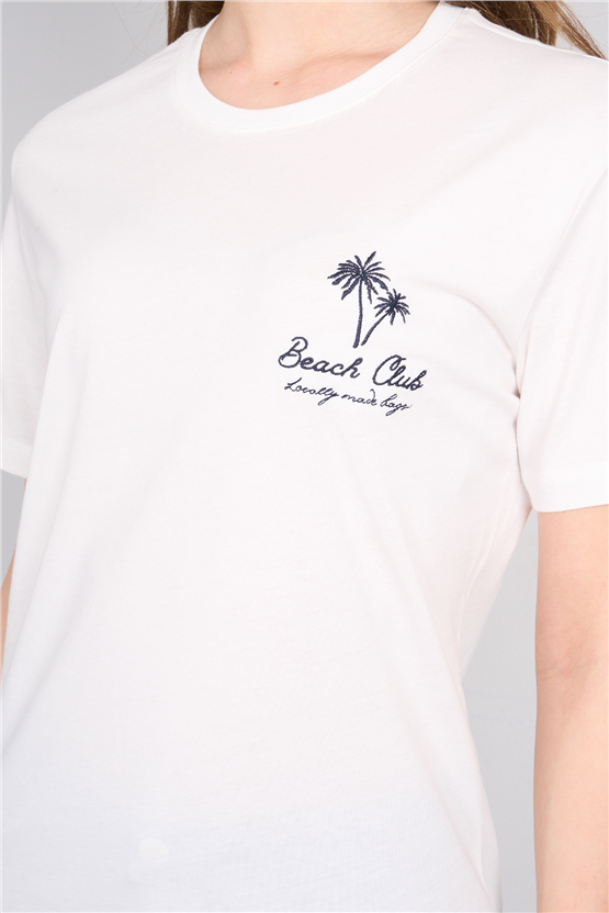 C.K Y26 8958 Fithit Kadın Bisiklet Yaka Regular Nakışlı T-shirt Krem