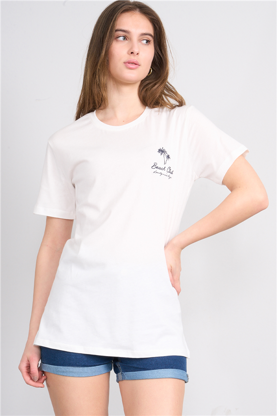 C.K Y26 8958 Fithit Kadın Bisiklet Yaka Regular Nakışlı T-shirt Krem