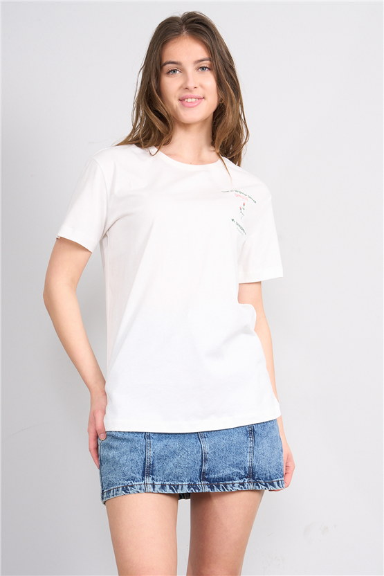 C.K Y26 8960 Fithit Byn B.Yk Regular Nakışlı T-shirt Krem