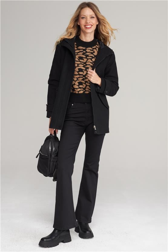 Çetinkaya Fithit 9036 Kadın Kapüşonlu Fermuarlı Kaban Siyah