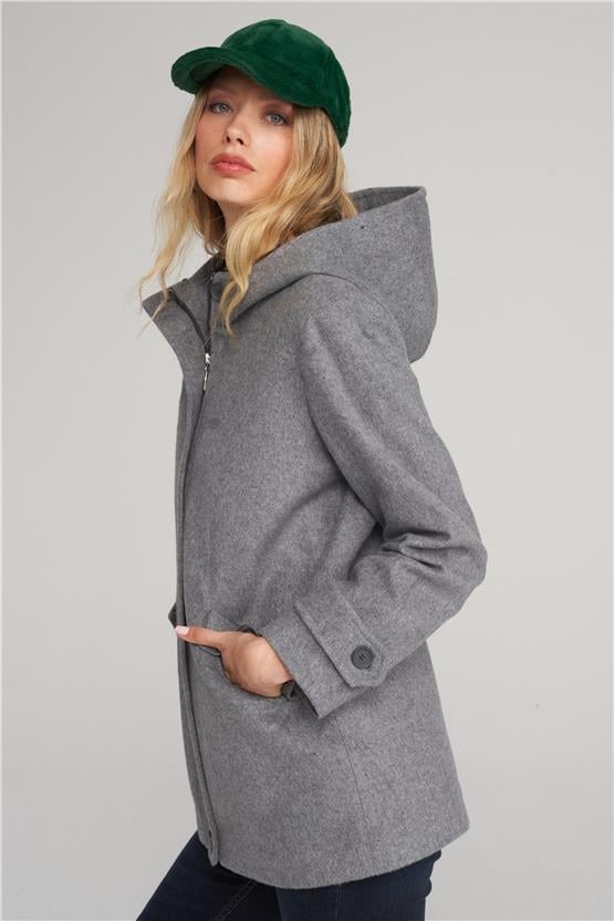 Çetinkaya Fithit 9036 Kadın Kapüşonlu Fermuarlı Kaban Gri