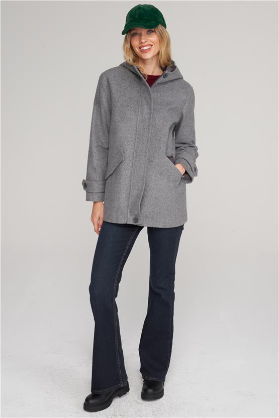 Çetinkaya Fithit 9036 Kadın Kapüşonlu Fermuarlı Kaban Gri