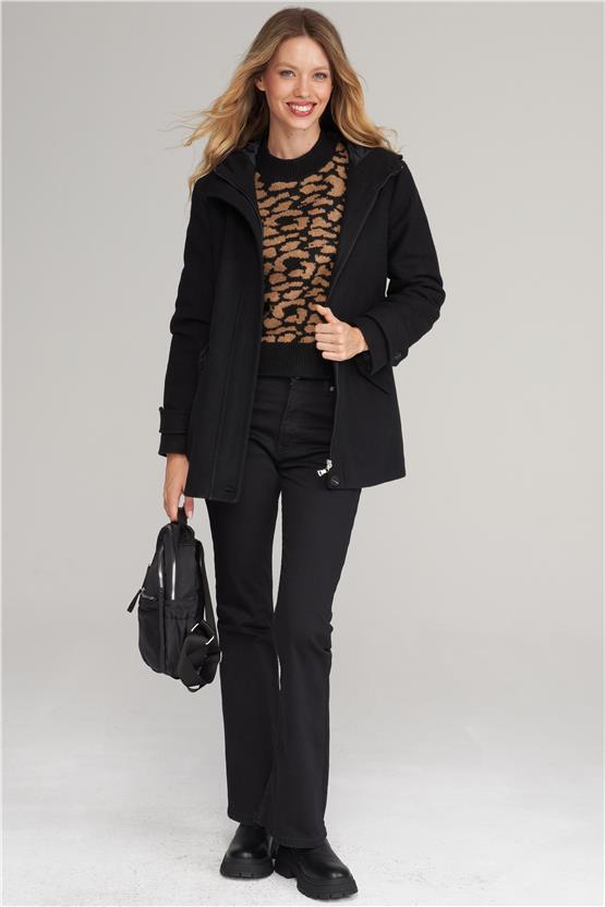 Çetinkaya Fithit 9036 Kadın Kapüşonlu Fermuarlı Kaban Siyah