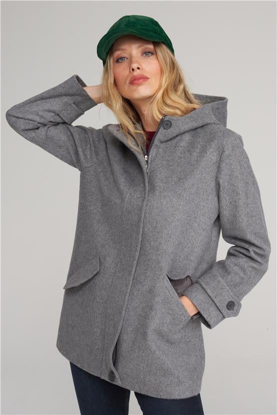 Çetinkaya Fithit 9036 Kadın Kapüşonlu Fermuarlı Kaban Gri