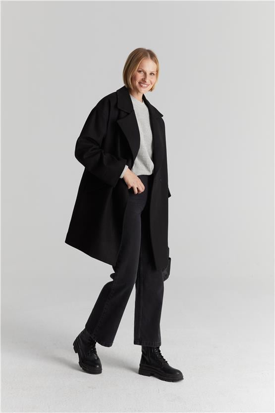Çetinkaya Fithit 9073 Kadın Erkek Yaka Oversize Kaban Siyah