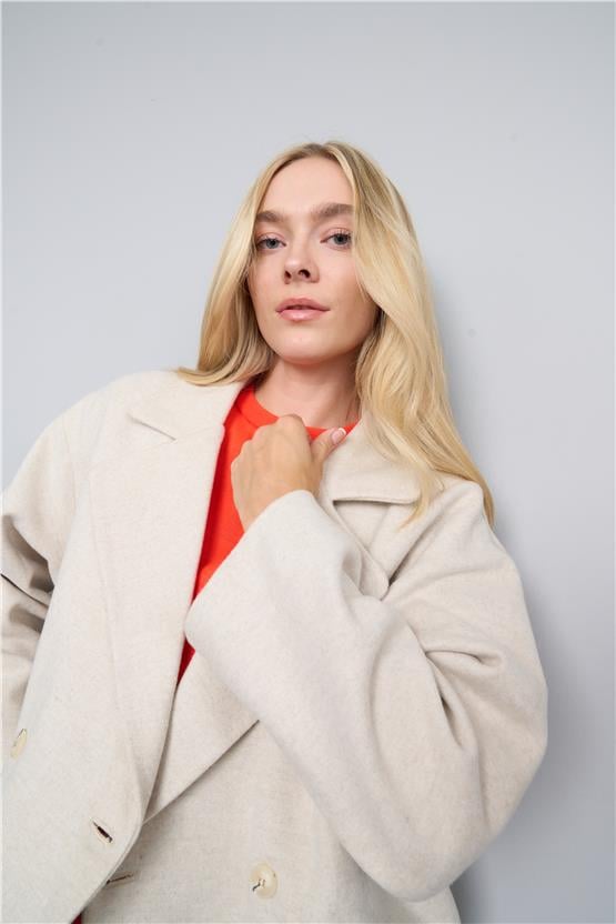 Çetinkaya Fithit 9073 Kadın Erkek Yaka Oversize Kaban Açık Bej