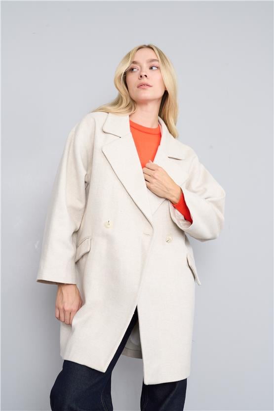 Çetinkaya Fithit 9073 Kadın Erkek Yaka Oversize Kaban Açık Bej