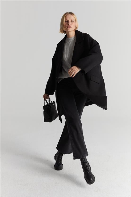 Çetinkaya Fithit 9073 Kadın Erkek Yaka Oversize Kaban Siyah