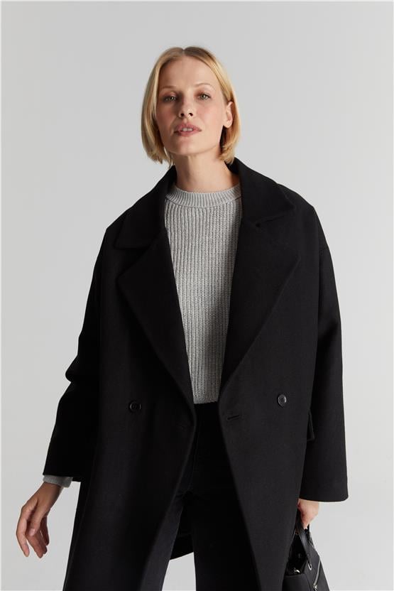 Çetinkaya Fithit 9073 Kadın Erkek Yaka Oversize Kaban Siyah