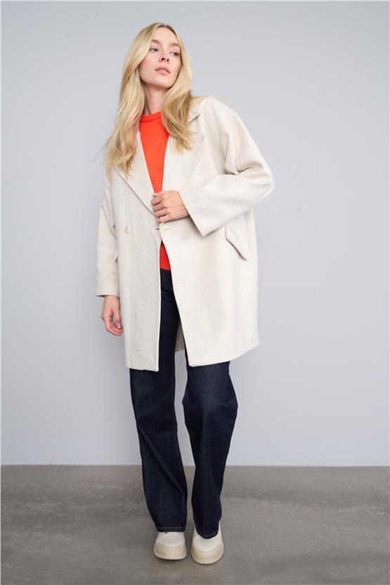 Çetinkaya Fithit 9073 Kadın Erkek Yaka Oversize Kaban Açık Bej