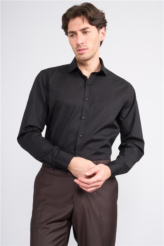 Çetinkaya Mentality 106 Erkek Slim Fit Kalıp Uzun Kol Siyah Gömlek