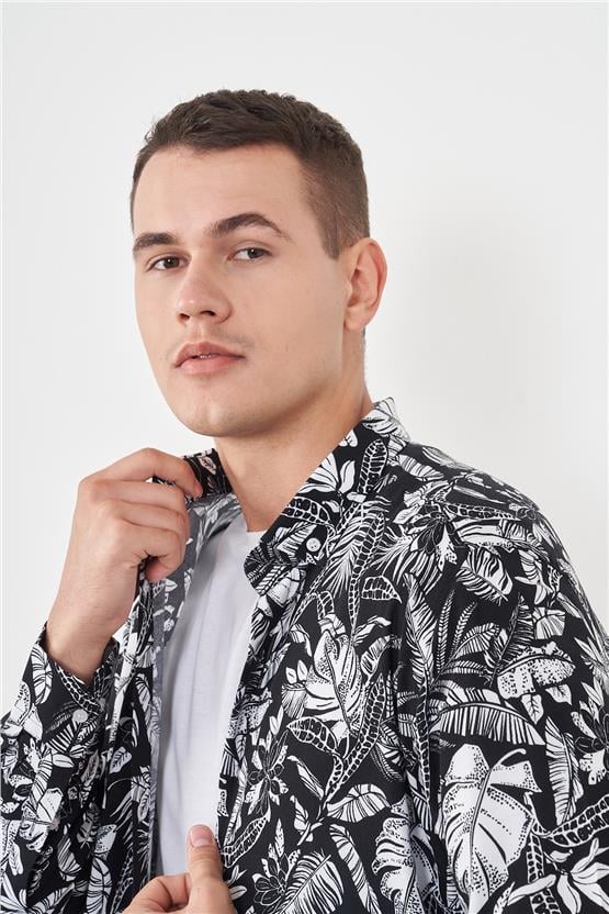 Çetinkaya Mentality 2242 Desenli Uzun Kol Gömlek Siyah Üzeri Beyaz Çiçekli