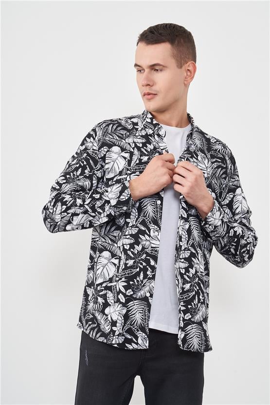 Çetinkaya Mentality 2242 Desenli Uzun Kol Gömlek Siyah Üzeri Beyaz Çiçekli