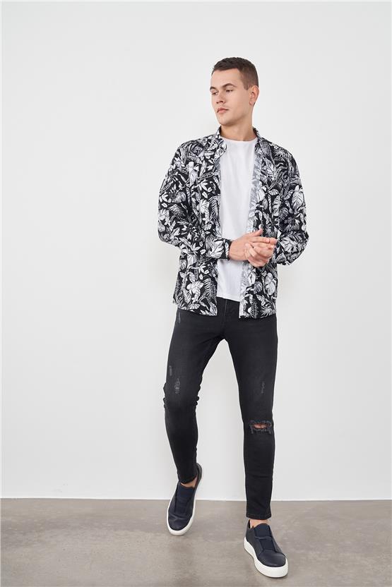 Çetinkaya Mentality 2242 Desenli Uzun Kol Gömlek Siyah Üzeri Beyaz Çiçekli
