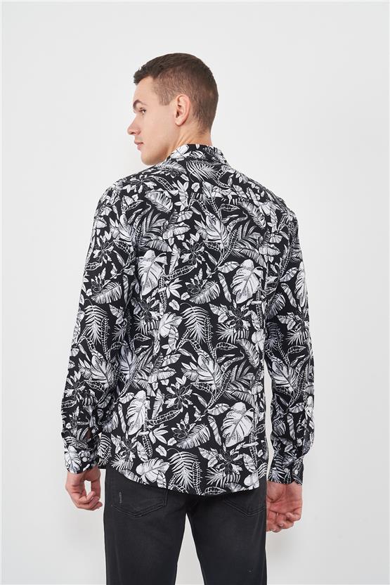 Çetinkaya Mentality 2242 Desenli Uzun Kol Gömlek Siyah Üzeri Beyaz Çiçekli