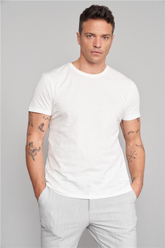 Çetinkaya Mentality 2772 Bisiklet Yaka Penye Slim Fit Krem T-shırt