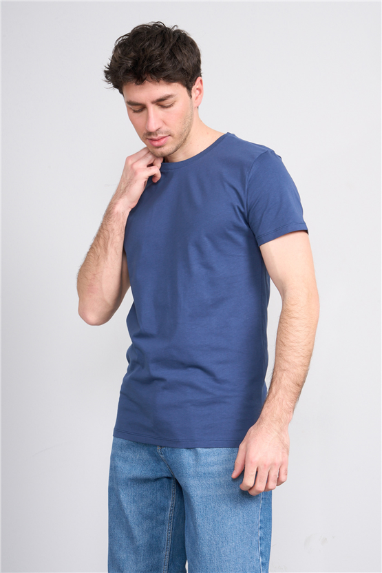 Çetinkaya Mentality 2772 Bisiklet Yaka Slimfit Basic T-shirt İndigo