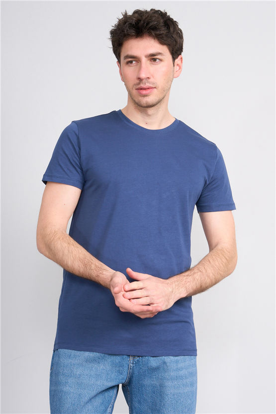 Çetinkaya Mentality 2772 Bisiklet Yaka Slimfit Basic T-shirt İndigo