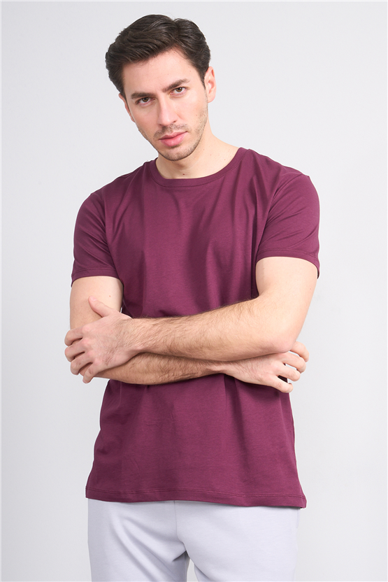 Çetinkaya Mentality 2772 Bisiklet Yaka Slimfit Basic T-shirt Mürdüm