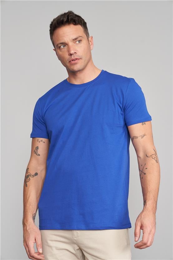 Çetinkaya Mentality 2772 Bisiklet Yaka Penye Slim Fit Açık Saks T-shırt