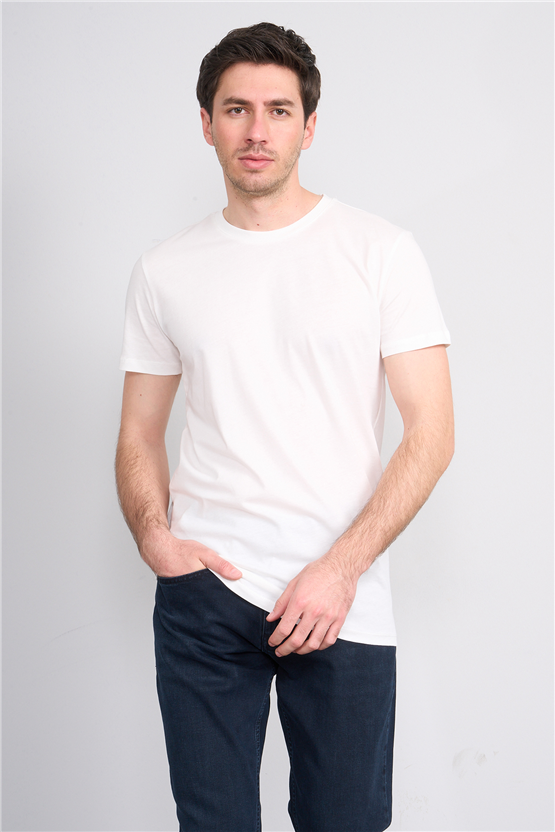 Çetinkaya Mentality 2772 Bisiklet Yaka Slimfit Basic T-shirt Krem