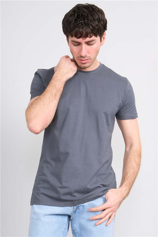 Çetinkaya Mentality 2772 Bisiklet Yaka Slimfit Basic T-shirt Düz Koyu Gri