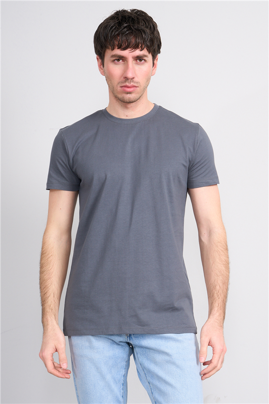 Çetinkaya Mentality 2772 Bisiklet Yaka Slimfit Basic T-shirt Düz Koyu Gri