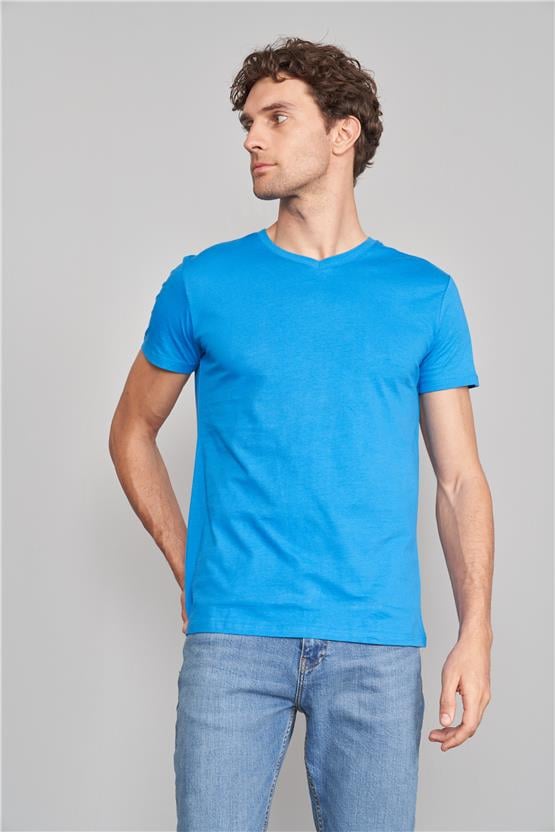Çetinkaya Mentality 2772 Erkek V Yaka Basic T-Shirt Kobalt
