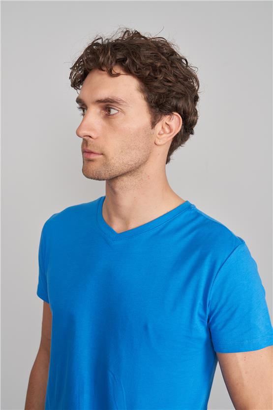 Çetinkaya Mentality 2772 Erkek V Yaka Basic T-Shirt Kobalt