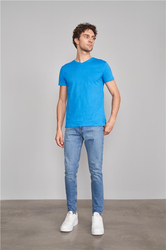 Çetinkaya Mentality 2772 Erkek V Yaka Basic T-Shirt Kobalt