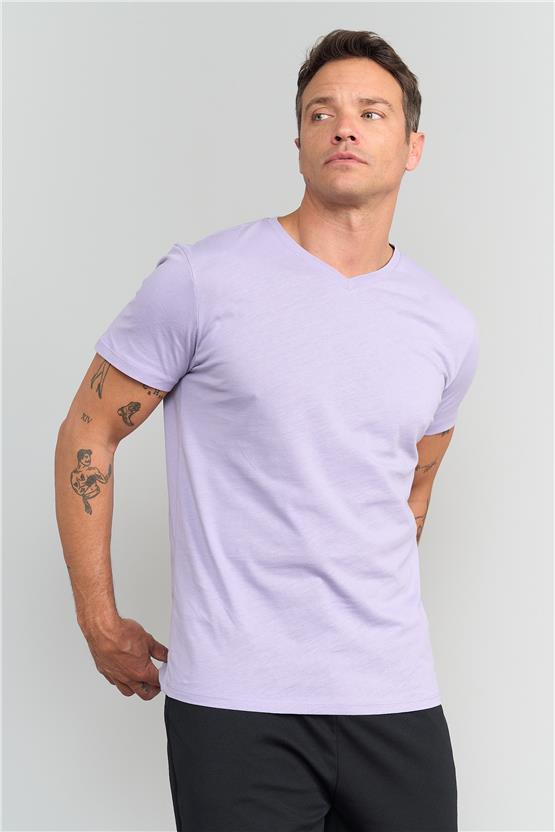Çetinkaya Mentality 2772 Erkek V Yaka Basic T-Shirt Açık Lila