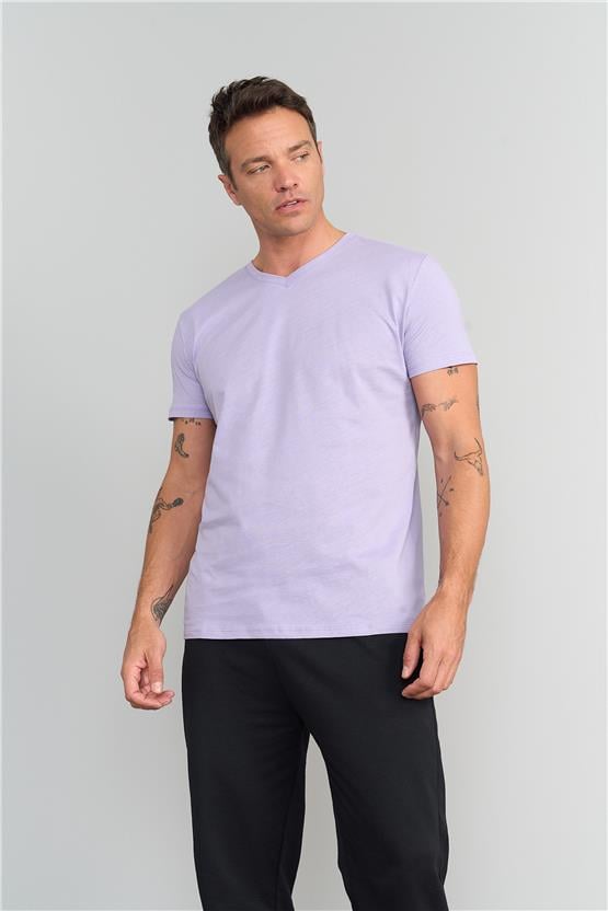 Çetinkaya Mentality 2772 Erkek V Yaka Basic T-Shirt Açık Lila