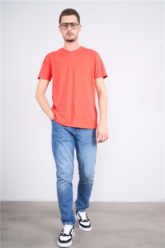 Çetinkaya Mentality 2772 V Yaka Penye Slim Fit Nar Çiçeği T-shırt