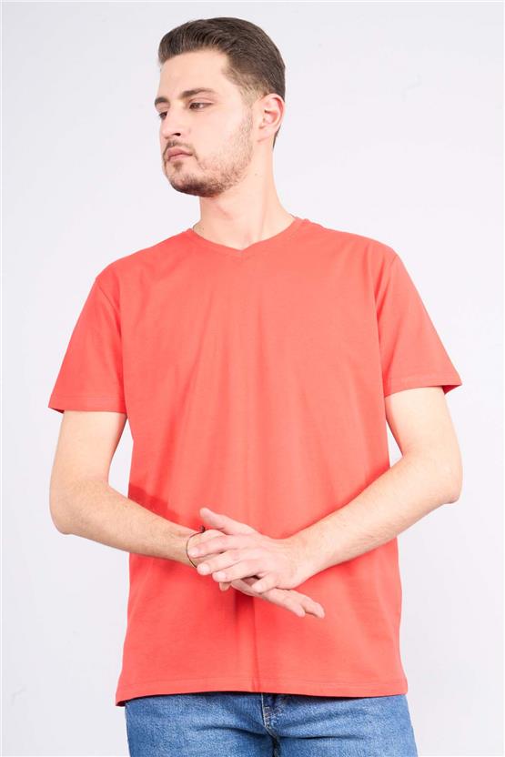 Çetinkaya Mentality 2772 V Yaka Penye Slim Fit Nar Çiçeği T-shırt